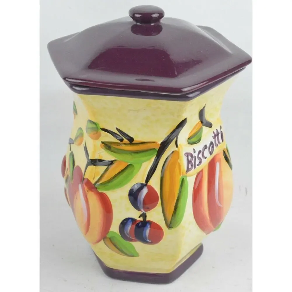 Nonni's Biscotti Ceramic Cookie Jar Hand Painted Fruit Canister Purple